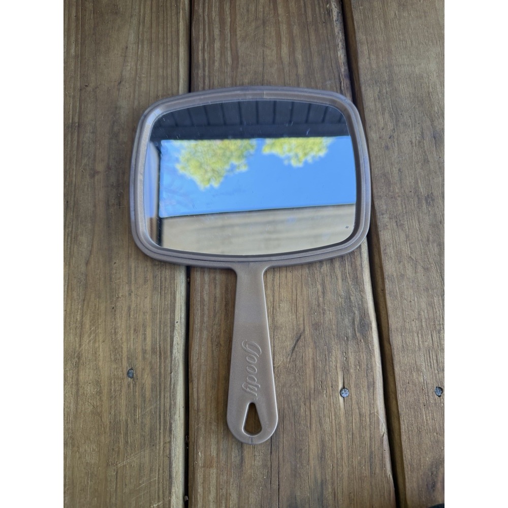 Vintage 1999 Goody Hand Held Mirror With Handle Gold Plastic, Made In USA-8"x6"